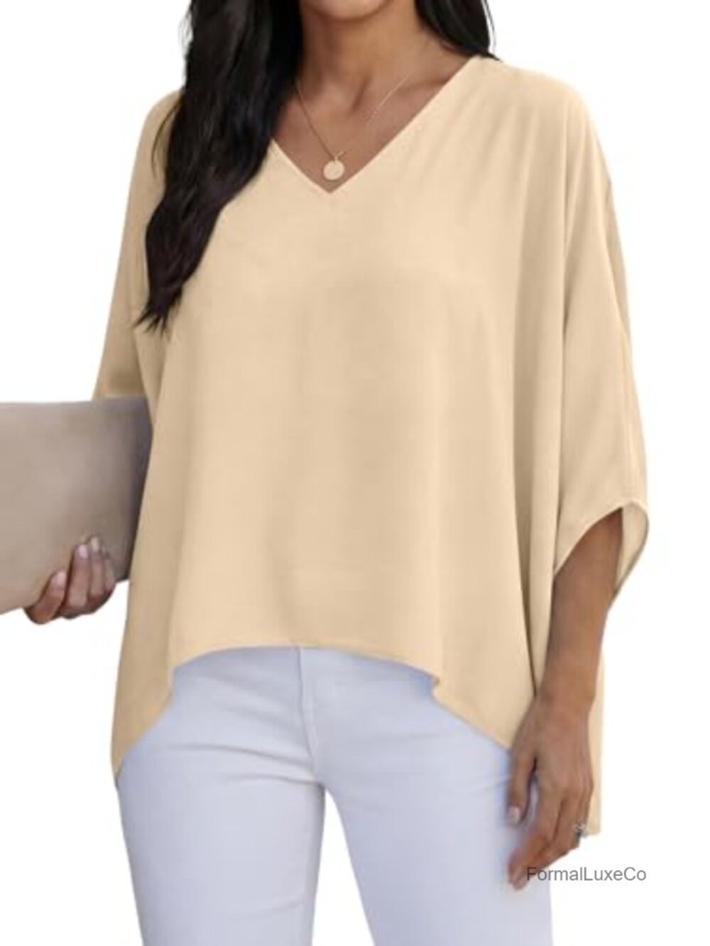 V Neck Batwing Sleeve Asymmetrical Hem Tunic Top Blouse